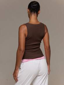 MUSERA ESSENTIALS Ribbed Scoop Neck Fitted Tank Vest Top Cute Everyday Basics Sexy Daily Spring Summer Essential - Chocolate Brown - View 4