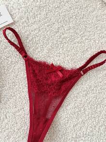 Moireta Lencería sexy para damas con tanga de malla de encaje en contraste - Burdeos - Ver 3