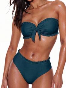 Swim Mod Women's Solid Color Vacation Beach Swimsuit Set - Blue - View 4