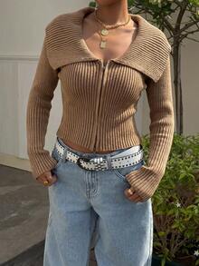 SHEIN EZwear Women's Solid Color V-Neck Ribbed Knit Zip-Up Cardigan In Fall/Winter - Camel - View 4