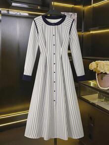 Franclia Contrast Color Round Neck Striped Single-Breasted Waist Fitted Long Sleeve Dress/Retro Artistic Style Dress - Blue - View 4