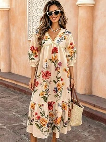 Flora Isola Flora Isola 女款優雅時尚通勤休閒舒適迷人復古極簡高級感浪漫度假風泡泡袖落肩寬鬆V領定位花卉印花領口與袖口中金編織飾邊長款大碼洋裝 - 彩色 - 查看 3