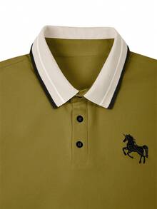 Calvornis 男士珠飾羅紋領刺繡短袖休閒 Polo 衫 - 橄欖綠 - 查看 3