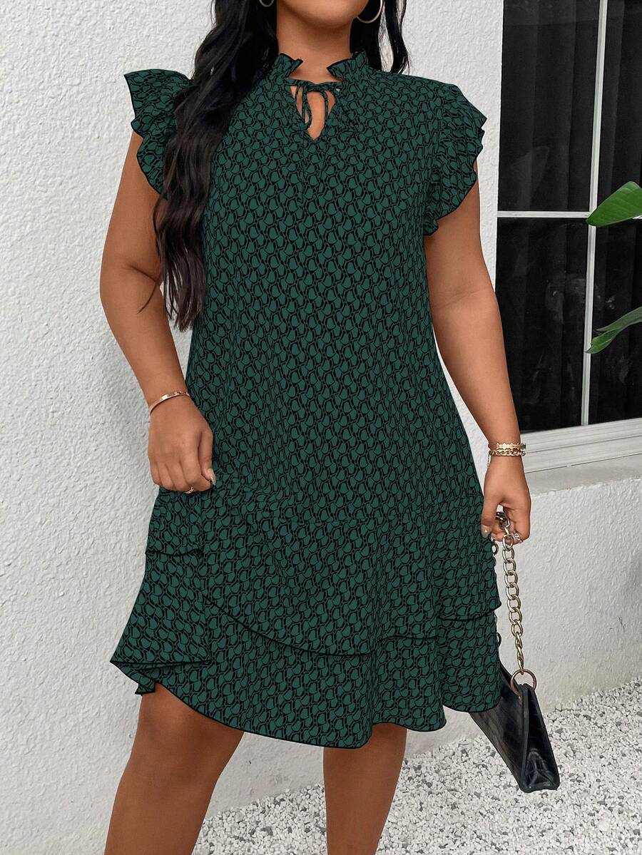 EMERY ROSE Vestido de Talla Grande para Vacaciones con Estampado Geométrico, Volantes y Tirantes con Lazo - Verde - Ver 1