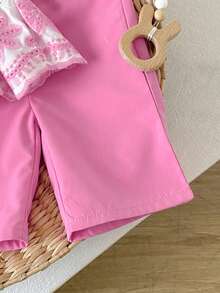 SHEIN Playful Pals 新生女嬰夏季無袖圓領前扣蝴蝶結下擺刺繡彈性腰直筒褲套裝 - 粉色 - 查看 4