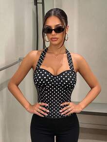 SomedayCozy Women's French Polka Dot Print Sexy Halter Tie Top,Y2k Summer Tops,Tops For Summer,Corset,Crop Top,Shirt,Summer Outfits,Tank Top,Going Out - Black and White - View 4