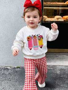 SHEIN Vintaside Kids 女嬰 2 件套甜美可愛彩色花卉蝴蝶格紋鉛筆印花圓領長袖衛衣上衣搭配格紋印花喇叭褲，柔軟面料，適合返校季，秋冬穿著 - 彩色 - 查看 2