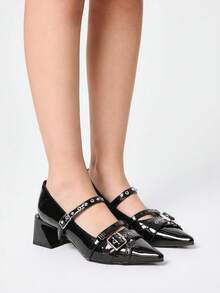 ROMWE Grunge Punk Elegant Pointed Toe Chunky Heel Lacquer Leather Pumps For Christmas Y2K 2000s Style - Love Black - View 3