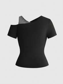 ROMWE Grunge Punk Camiseta Talla Grande Punk Oscuro 2 en 1 Ajustada con Diseño de Bordes Desgastados y Rasgados - Rosa - Ver 3