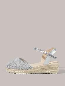 Styleloop Women's Hemp Rope Straw Woven Wedge Heel Silver Ankle Strap Woven Women's Wedge Heel Shoes Sandals Hemp Rope Shoes Boho Style - Silver 3 - View 2