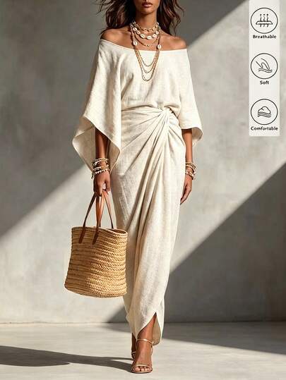 Breezaya Robe d'été pour femmes, Festival de juillet, Tenue de sortie, Vacances à la plage, Tenue de sortie de vacances, Robe kaki pour femmes, Robe pour femmes à épaules dénudées et manches trois quarts froncées, Robe décontractée pour femmes, Tenue de vacances, Robe de vacances pour femmes, Robe de soirée, Tenue de soirée décontractée, Robe de soirée décontractée