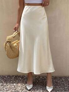 DAZY Women's Elegant Solid Color Elastic Waist Skirt, Spring/Summer - Apricot - View 1