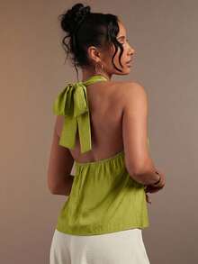 Hauture Women's Sexy Abstract Print Halter Neck Backless Linen Top - Green - View 2