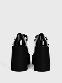 Sugerpunk 女款時尚斜跟厚底鞋，龐克哥德風暗黑圓頭白色刺繡線蝙蝠扣設計時尚鞋 - 岑墨黑 - 查看 7