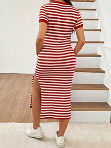SHEIN Maternity Striped Colorblock Split Hem Casual Daily Summer Dress - Red - View 2