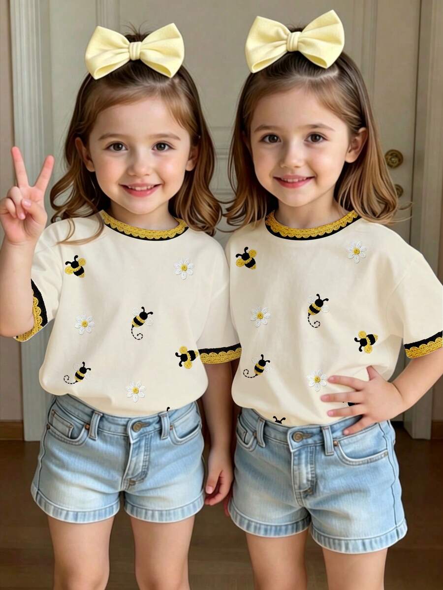 Back To School Girls' Fresh Daily Minimalist Cartoon Bee Flower Print Basic Short Sleeve T-Shirt Back-To-School Summer - Multicolor - View 1
