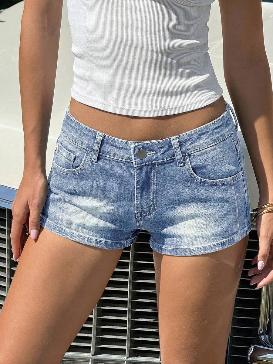 SHEIN EZwear 夏季藍色條紋低腰女款牛仔短褲 - 淺色水洗藍 - 查看 1
