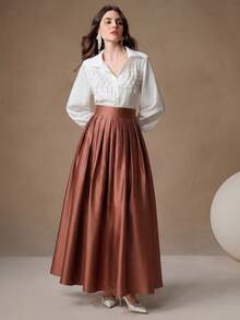 Anewsta Rok Puff Elegan Pinggang Tinggi, Maxi Gaya Istana untuk Wanita - Rust Brown - View 3