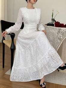 DAZY Autumn Casual French Romantic Elegant Wedding Lace White Women's Long Dress Garden Party Vacation - Pearl White - View 1