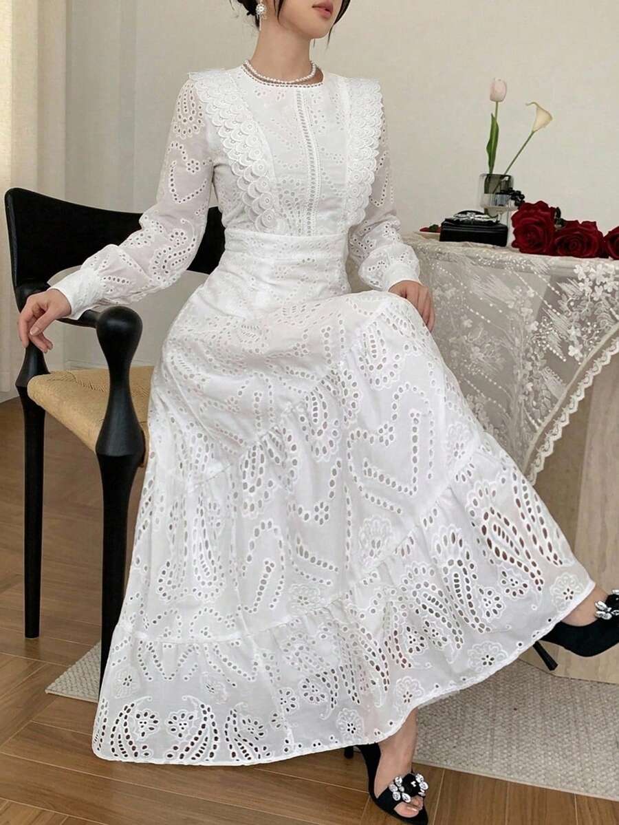 DAZY Autumn Casual French Romantic Elegant Wedding Lace White Women's Long Dress Garden Party Vacation - Pearl White - View 1