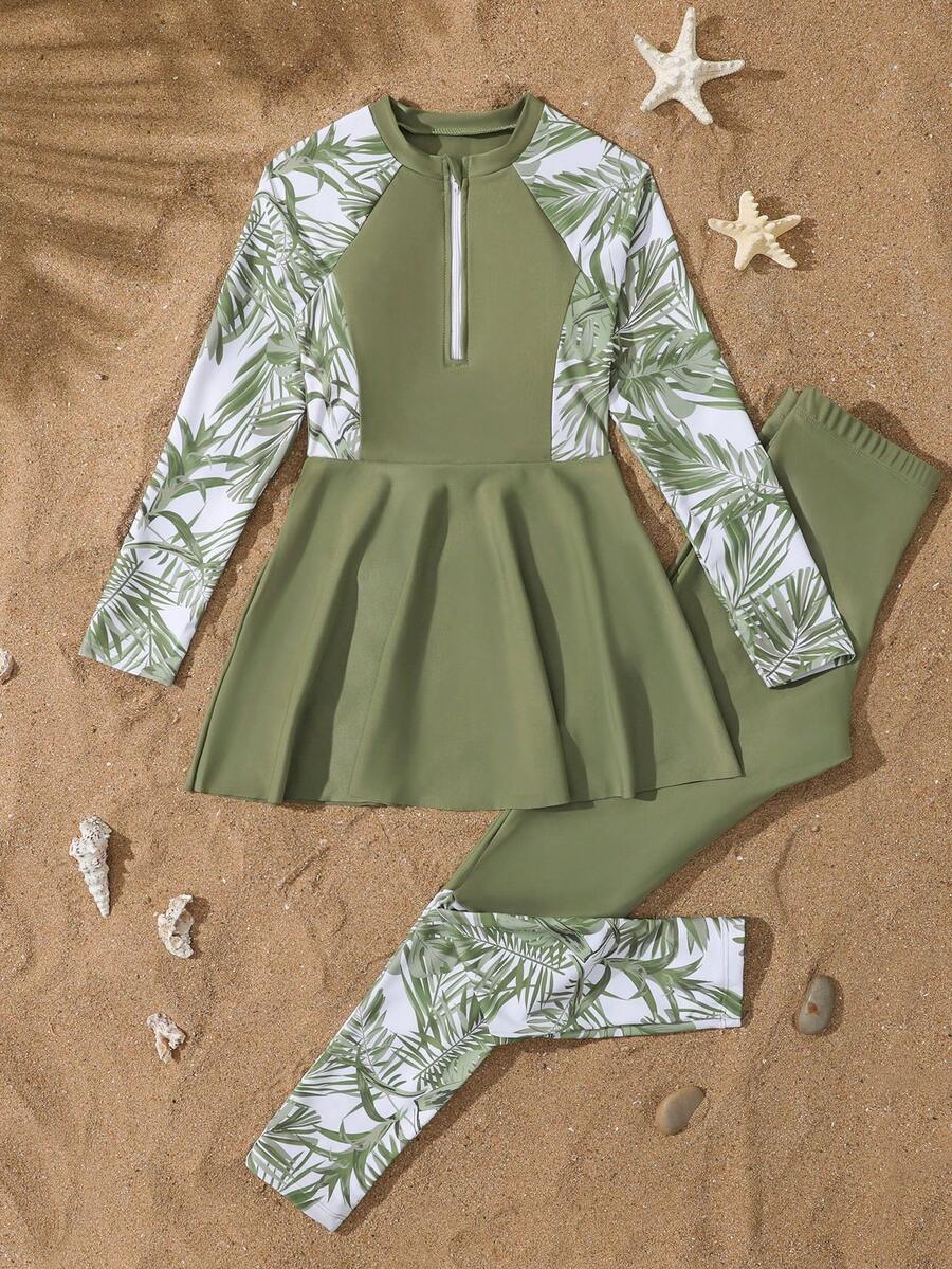 SHEIN 青少年女孩分體式比基尼泳衣,吊帶式比基尼,長袖花卉圖案拼接軍綠色裙裝拉鍊上衣,兩件式拼接花卉圖案褲子泳衣 - 綠色 - 查看 1