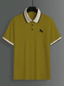 Calvornis 男士珠飾羅紋領刺繡短袖休閒 Polo 衫 - 橄欖綠 - 查看 5