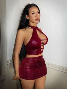 BamGleam 女款鏤空設計串珠掛脖上衣與緊身迷你裙性感兩件套 - 酒紅色 - 查看 5