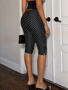 Glamine Women's Polka Dot Yellow Small Slit Mid-Length Casual Modest Sports Pants Gym Summer - Black and White - View 2