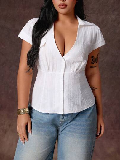 Rustia Plus Size Women's Vintage Pure Cotton Slim Fit Shirt