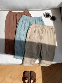 SHEIN 3件組嬰兒男童/小男孩/小女孩可愛休閒百搭舒適親膚柔軟純色鬆緊腰長褲套裝，適合春夏秋冬穿著，適用日常穿著、外出、上學、派對與假期 - 彩色 - 查看 5