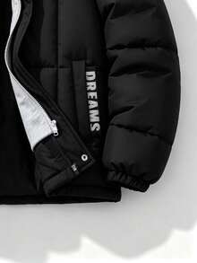 Teen Boys Fashion 2 In 1 Hooded Padded Coat, Colorblock Letter Print Zipper Loose Padded Coat, Suitable For Autumn/Winter Daily Streetwear - Black - View 5