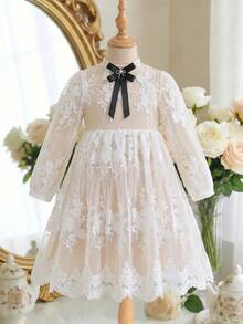 少女可愛優雅白色網紗刺繡短袖洋裝 - 白色 - 查看 10