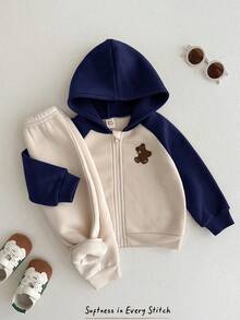 Cozy Pixies Young Boys Hoodie & Sweatshirt Co-Ords Cartoon Bear Pattern Color Block Raglan Long Sleeve Winter Jacket Elastic Waist Long Pants 2-Piece Set Fleece Lined Brushed Thick Style Suitable For Winter - Multicolor - View 8