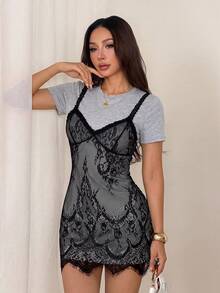SHEIN PETITE Gaun Lengan Pendek 2 in 1 Berbahan Renda Gaya Gadis Prancis - Grey - View 6