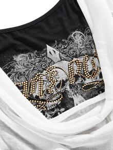 ROMWE J-Fashion Vintage Sexy Double Layer 2 In 1 Plunging Neck Skull Print Rhinestone Embellished Women Top - Black and White - View 3