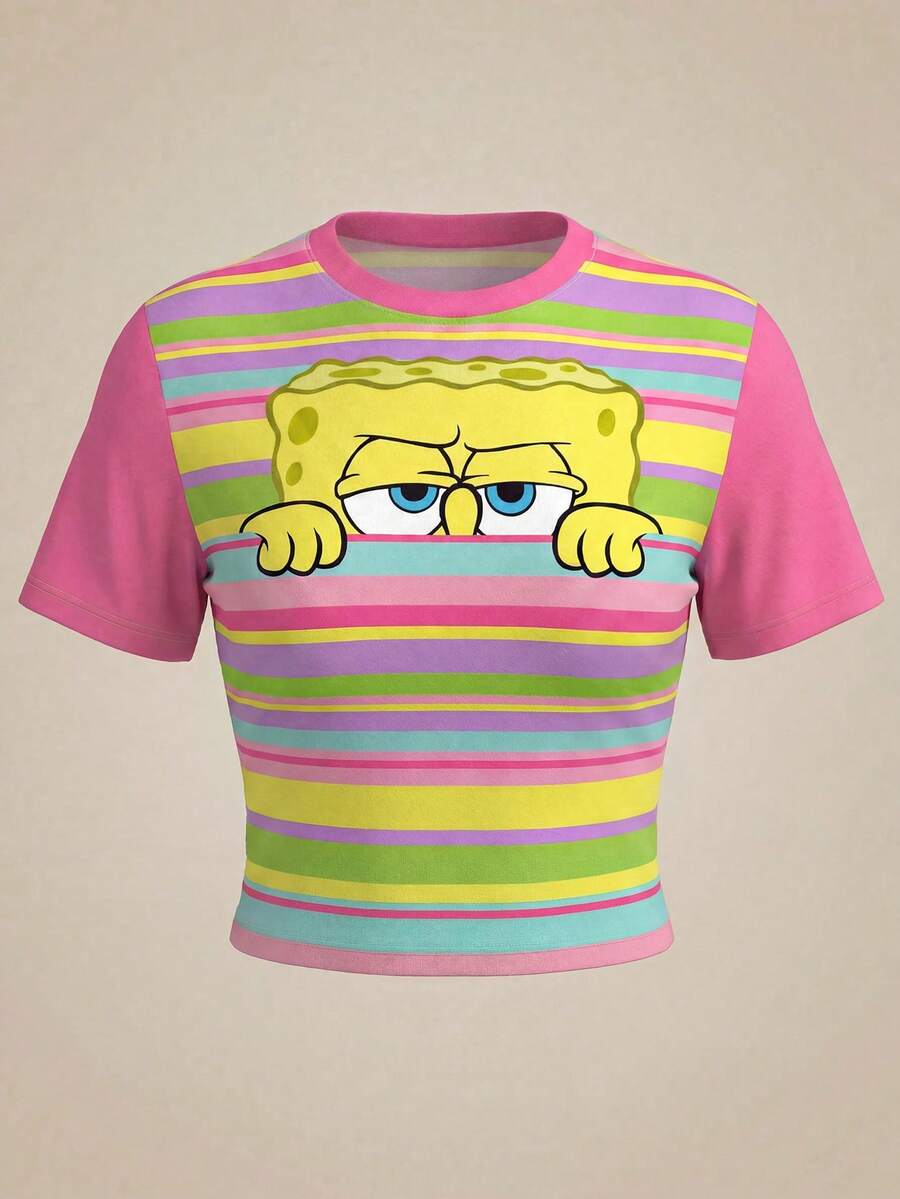 SpongeBob SquarePants | SHEIN 女士休闲彩色条纹卡通印花短款T恤,夏季 - 白色 - 查看 1
