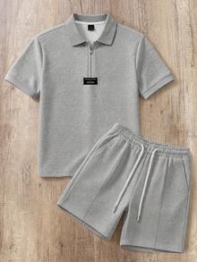 Manfinity Joysei Conjunto de polo de punto jacquard de unicolor con textura gris, cuello y puños acanalados con cremallera para hombre - Gris - Ver 1