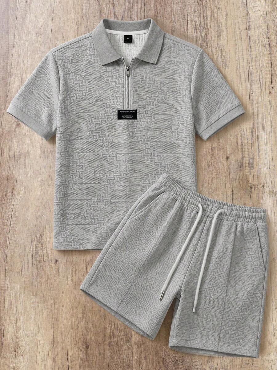 Manfinity Joysei Conjunto de polo de punto jacquard de unicolor con textura gris, cuello y puños acanalados con cremallera para hombre - Gris - Ver 1