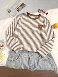 Comfortcana Women's Striped Patchwork Bow Print Casual Daily Long Sleeve T-Shirt - Multicolor - View 3