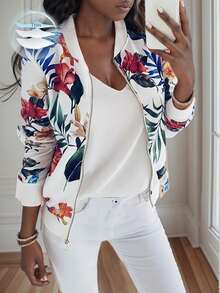 EMERY ROSE Tropical Print Zip Up Baseball Jacket For Spring And Autumn Fall Winter Cloth For Women - Multicolor - View 1