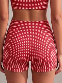 Sovereign Charm 1pc Women's Red Plaid Knit Seamless Comfortable Elastic High Waist Butt Lifting Shorts, New Hot-Selling Style For Spring Summer Autumn Winter - Red - View 3