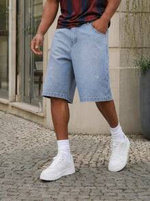 Manfinity EZcore Plus Size Men's Rhinestone Embellished Wide Leg Denim Shorts - Light Wash - View 3