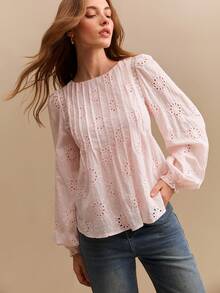 Willow Rêve Women's Pleated Embroidered Cutout Lace Blouse, Light Pink Long Sleeve Shirt Top - Baby Pink - View 4