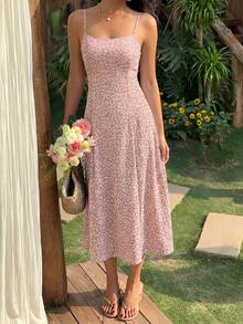 SHEIN EZwear 莲藕粉色碎花吊带女士沙滩度假连衣裙 - 藕粉色 - 查看 3
