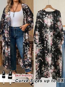 SHEIN CURVE+ 大尺碼休閒寬鬆透視開襟外套，百搭日常穿著，花卉和服風長版開襟，初秋旅行度假款 - 彩色 - 查看 1