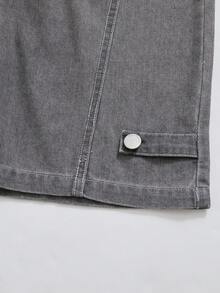 SHEIN Genkimix Kids Boys' Summer Washed Versatile Fashion Casual Comfortable Loose Design, Elastic Waist Straight Leg Mid-Blue Washed Denim Knit Patchwork Shorts Set - Grey - View 4