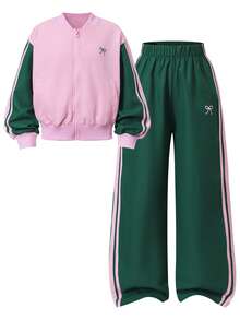 SHEIN Sparklyn 青少年女孩秋季套裝 2 件組，拼色條紋拉鍊外套附刺繡蝴蝶結細節，搭配鬆緊腰長褲 - 粉色 - 查看 4