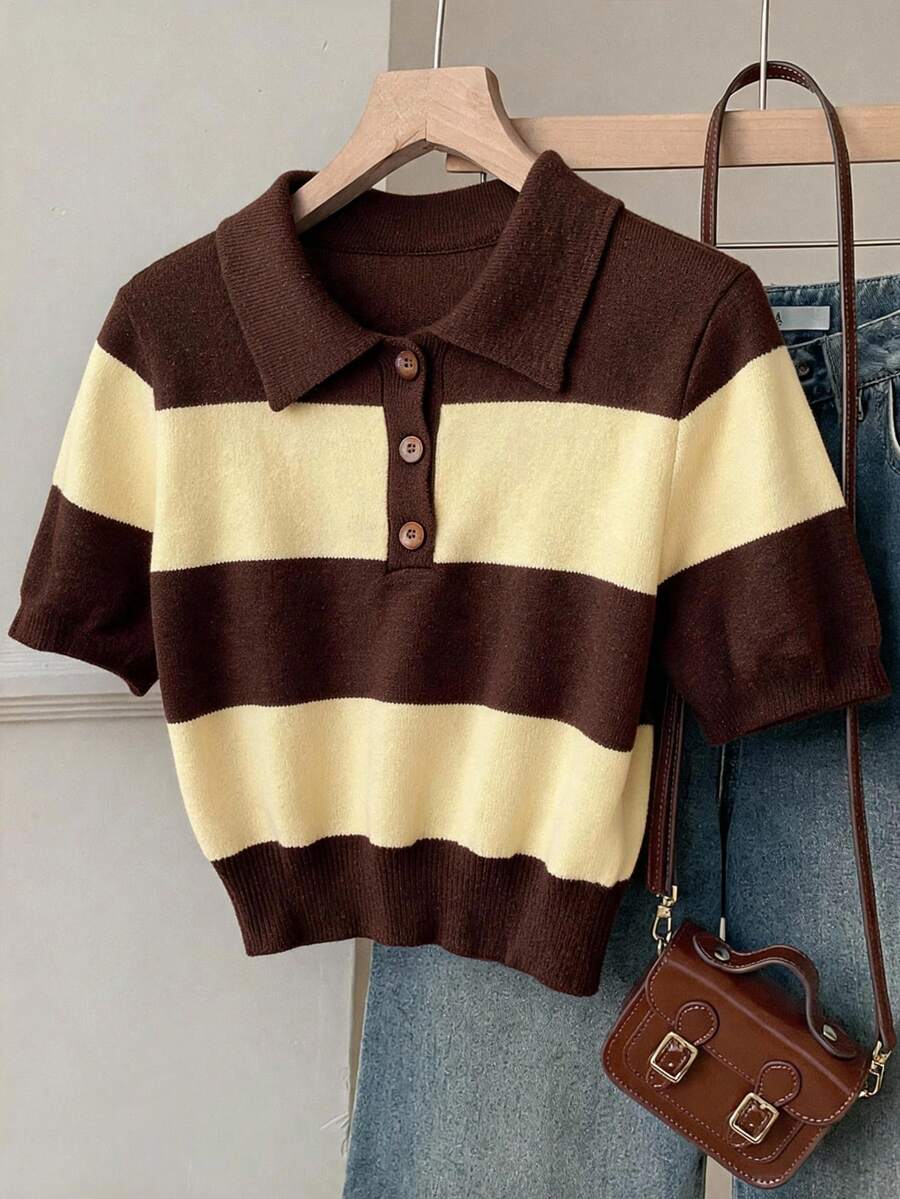 Comfortcana Women's Brown Stripe Short Sleeve Casual Preppy Polo Collar Knit Top, Summer Sweater, Country Clothing, Cute Going Out School Tops - Multicolor - View 1