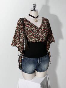 SHEIN ICON Women's Plus Size Floral Patchwork Ruffle Trim T-Shirt - Black - View 6