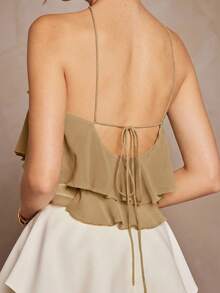 L'Amorae Summer Elegant Solid Color Ruffle Backless Halter Top, Chic, Fall, Autumn - Khaki - View 6